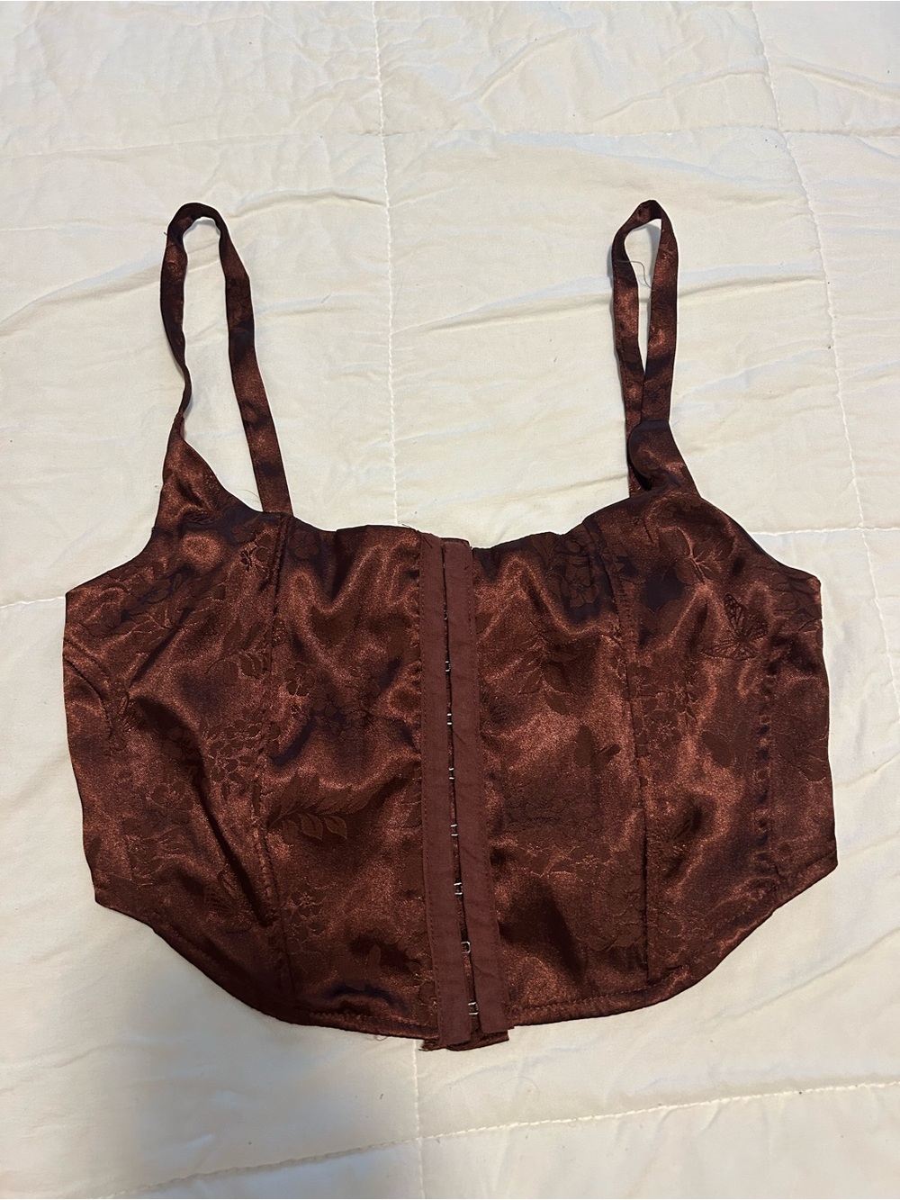 Brown Satin Floral Bustier Crop Top